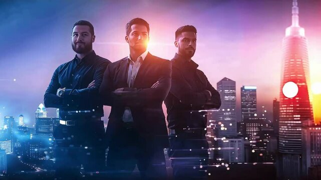 group of 3 multiracial, confident businessmen are posing on the abstract big city during sunrise backgound; concept of team player, business deal, making big money
