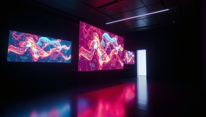 Abstract Art Gallery Exhibition Interior with Colorful Glowing Displays and Reflective Floor
