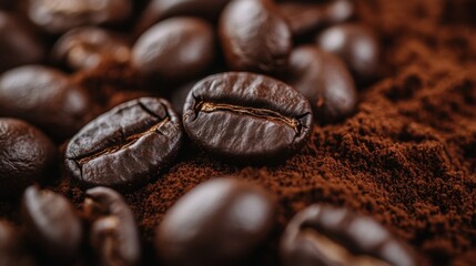 Close-up roasted coffee beans with ground powder texture for cafe branding product photography aroma caffeine dark roast