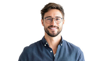 A smiling young man with glasses wearing a casual shirt. standing against a plain white background. exuding confidence and approachability. ideal for professional or personal branding