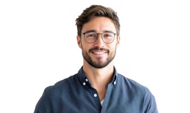 A smiling young man with glasses wearing a casual shirt. standing against a plain white background. exuding confidence and approachability. ideal for professional or personal branding