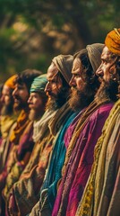 Jesus and the Pharisees in dispute, a row of people dressed in colorful tunics