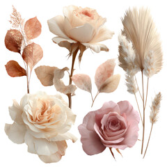 Boho floral clipart set with beige and blush roses, dried palm leaves, and neutral foliage, elegant botanical elements for wedding design or invitations, isolated on transparent background.