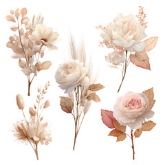 Boho floral clipart set with beige and blush roses, dried palm leaves, and neutral foliage, elegant botanical elements for wedding design or invitations, isolated on transparent background.