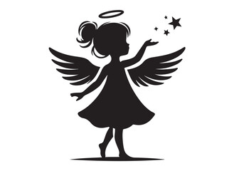 children angel little girl with wings of silhouette vector, silhouette angel girl with wings, children angel little girl logo design on a white background.