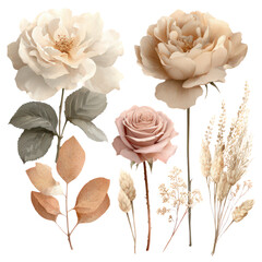 Boho floral clipart set with beige and blush roses, dried palm leaves, and neutral foliage, elegant botanical elements for wedding design or invitations, isolated on transparent background.
