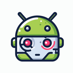 Stylized, cartoonish robot head, presented in a vibrant color scheme, featuring an outline and simple design.