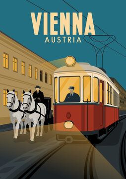 trams and horse-drawn carriages in the city of Vienna, Austria in night