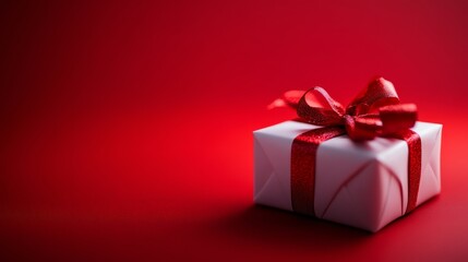 Obraz premium Red gift box with ribbon on dramatic background for celebration festive product marketing photography packaging scene