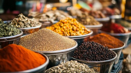 Fototapeta premium Colorful spices in bowls at traditional market for culinary flavor food photography travel culture product branding