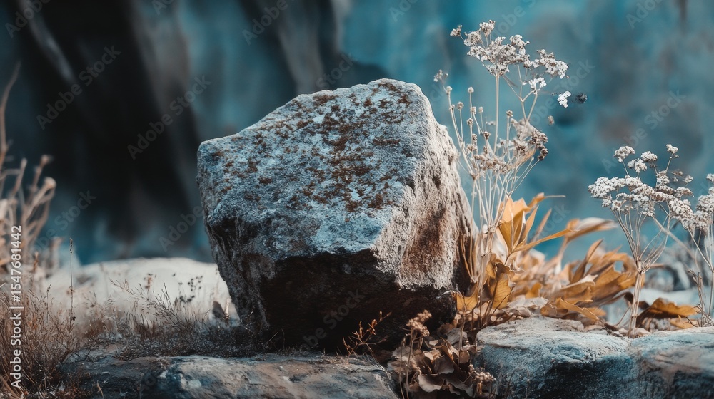 Poster single large stone on forest floor with soft light background for natural texture concept photograph