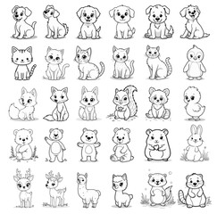 A large collection of cute cartoon animals for a children's coloring book