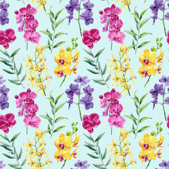 Watercolor orchid seamless pattern with pink yellow and purple phalaenopsis flowers and green leaves Summer pants
