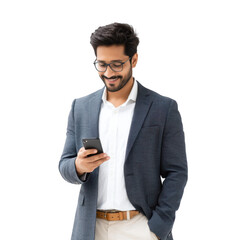 A professional man in a tailored suit smiles while using his smartphone. standing against a clean white background. suggesting a moment of engagement or communication