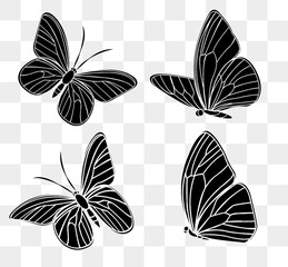 Four distinct butterfly designs are illustrated in a minimalist style. Each butterfly features elegant lines and detailed wing patterns, emphasizing their unique shapes and beauty