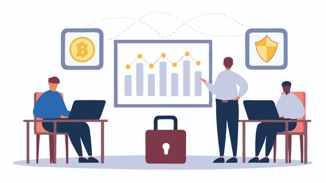 People working on laptops with bitcoin, security shield, chart and padlock in a secure environment