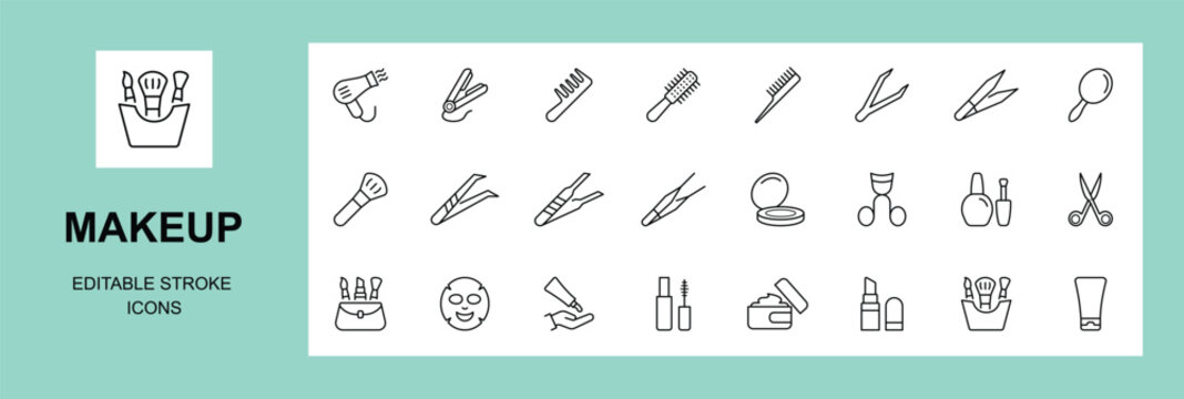 makeup icons set with mirror, nail polish, wax, razor and so on. lipstick, mascara, pencil, face foundation, primer, lip gloss, powder, liner, eyeshadow, brushes ,Editable strokes, Vector Illustration