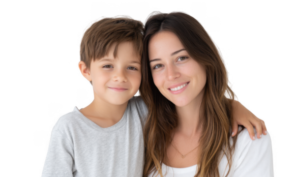 A warm and joyful portrait of a mother and her young son smiling together. showcasing their bond against a clean. neutral background. perfect for family-themed content