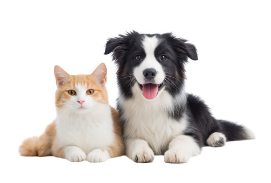 A playful puppy and a calm kitten sitting side by side against a white background. showcasing the bond between pets and their adorable expressions. perfect for pet care articles or advertisements