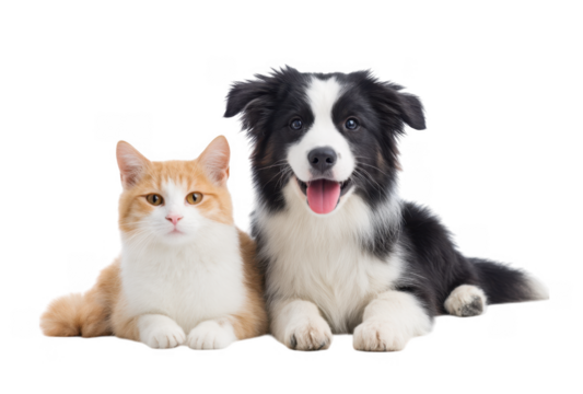 A playful puppy and a calm kitten sitting side by side against a white background. showcasing the bond between pets and their adorable expressions. perfect for pet care articles or advertisements