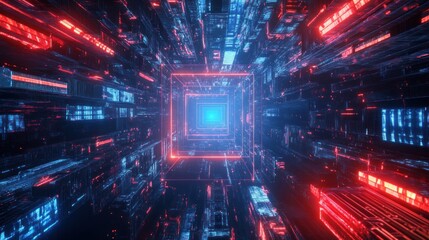 Obraz premium Futuristic digital city tunnel with glowing neon lights