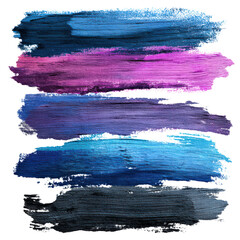 Vibrant brush stroke set with textured acrylic paint in blue, teal, purple, and magenta tones, abstract paint swatches for digital art and design, isolated on transparent background.









