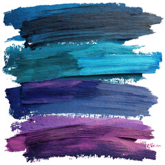 Vibrant brush stroke set with textured acrylic paint in blue, teal, purple, and magenta tones, abstract paint swatches for digital art and design, isolated on transparent background.









