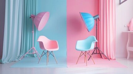 Pastel photo studio setup with pink and blue chairs