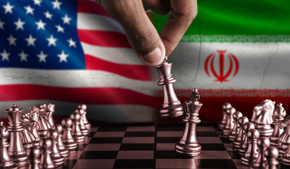 Political tension between USA and Iran. Iran vs USA flag on chessboard. Iran territory conflict