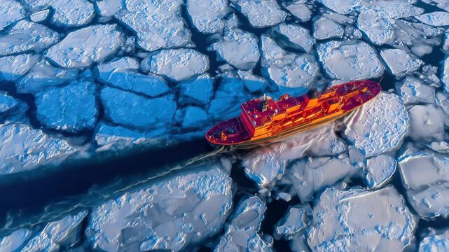 Orange ship breaks through icecovered arctic waters creating a dark trail