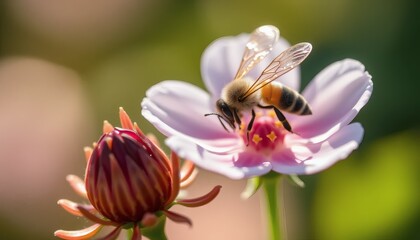 Bee Collecting Nectar From a Soft Pink Flower in Sunny Nature
