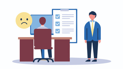 Employee at desk with sad face icon and checklist with manager standing in office setting is shown