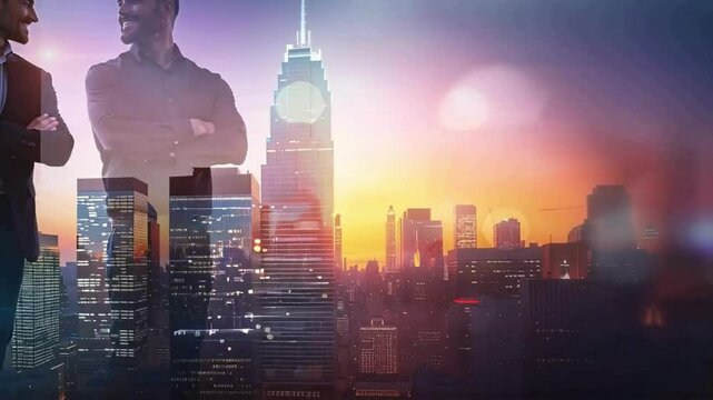 group of confident businessmen are posing on the abstract big city during sunrise backgound; concept of team player, business deal, making big money