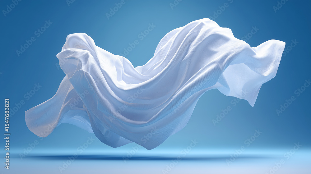 Poster a billowing piece of white fabric gracefully floats in mid-air, revealing intricate texture and styl