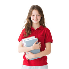 A cheerful young girl in a red polo shirt holding a stack of notebooks and a binder. standing against a plain white background. symbolizing education and readiness for learning