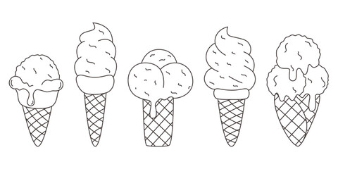Set of creamy ice cream in waffle cone doodle sketch style set. Milky cooling summer dessert simple outline illustration. Ice cream balls, berry sorbet or cream in cone cup, vector elements