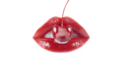 Close-up of glossy red lips holding a bright cherry. set against a pure white background. creating a fresh and vibrant aesthetic perfect for beauty or food-related themes