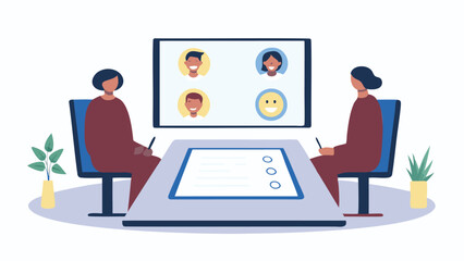 Two people in a meeting room with a screen showing four faces in a video conference call setup online