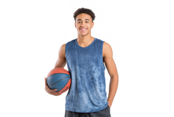 A young male athlete in a blue sleeveless shirt smiles confidently while holding a basketball. set against a bright white background. ideal for sports-related promotional materials