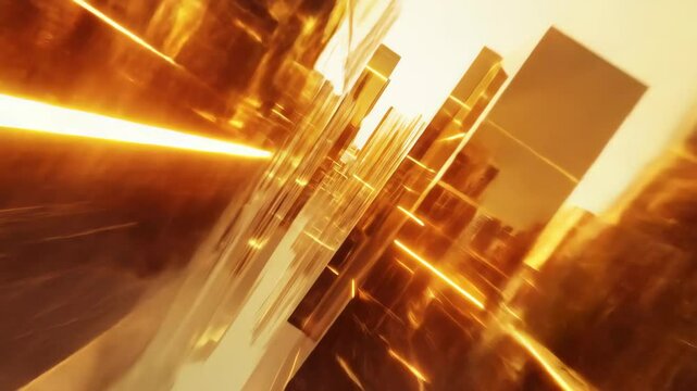 Shiny stacked gold bars create an abstract design accented with bright linear reflections