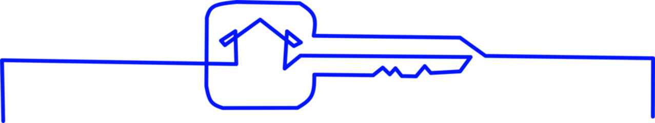 One-line drawing of a key with a house symbol, representing home security, real estate, and new beginnings. Perfect for logos, icons, or website design.