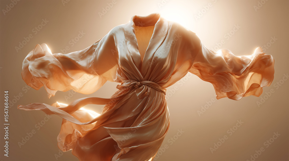 Poster a beautiful satin robe is elegantly suspended in the air, showcasing flowing fabric and delicate tex