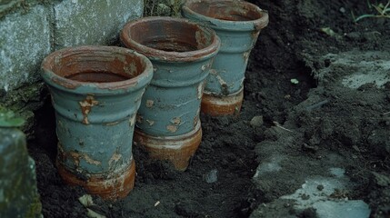 Naklejka premium Old Terracotta Flower Pots Arranged on a Garden Soil Background