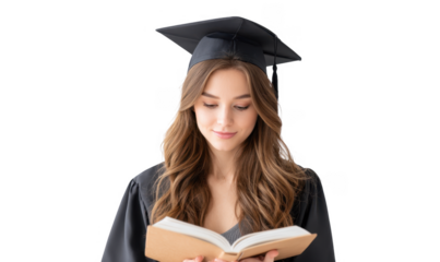 A young woman in a graduation cap and gown is reading a book. symbolizing achievement and knowledge. with a neutral background emphasizing her focus and celebration of academic success