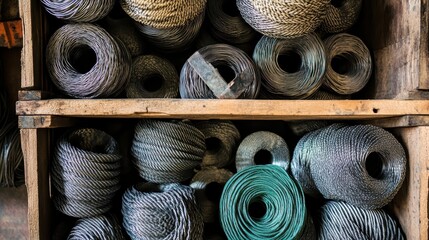 Organized collection of various spools of metal wire and rope