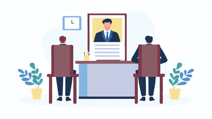 Obraz premium Illustration of two people sitting at a desk facing a framed portrait in a waiting room setting scene