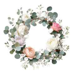 Floral wreath with pink and white roses, eucalyptus leaves, and delicate white berries, elegant round botanical frame for wedding or spring design, isolated on transparent background.









