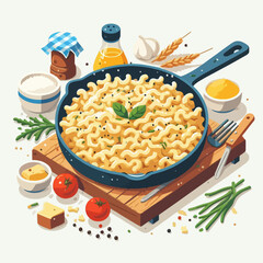 A vibrant isometric illustration of a pasta skillet surrounded by fresh cooking ingredients like tomatoes, garlic, and herbs.