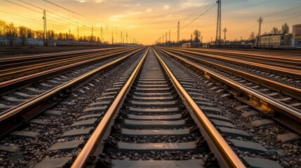 Fototapeta premium Rails Stretching Into Sunset Over a Tranquil Landscape