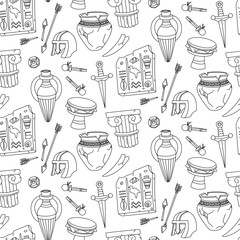 Doodle pattern museum artifacts. Jug, drum, arrows, helmet, slab with Egyptian hieroglyphs. Suitable for designing websites, prints, books, children's and educational materials on history and culture
